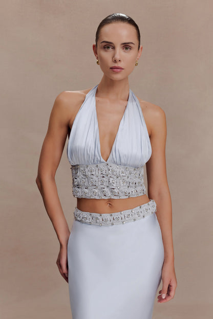 Clementine Chiffon Hand Beaded Top Pale Blue