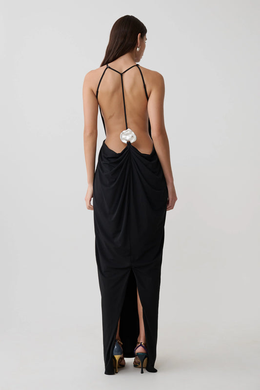 Bahari Low Back Halter Maxi Dress Black