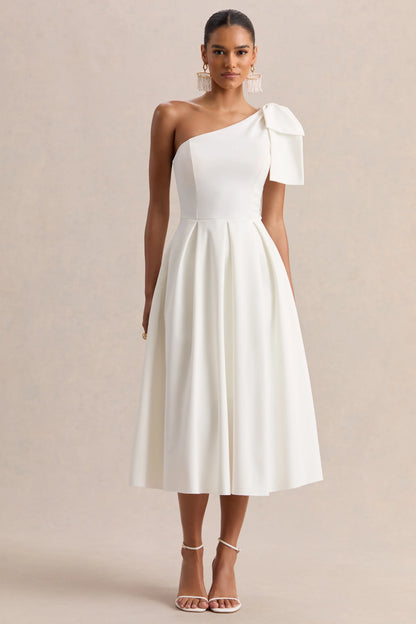 Meria White Asymmetric Neck Midi Dress With Bow Sleeve
