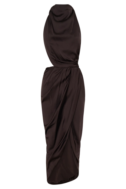 Aveline Draped Halter Midi Dress Dark Chocolate