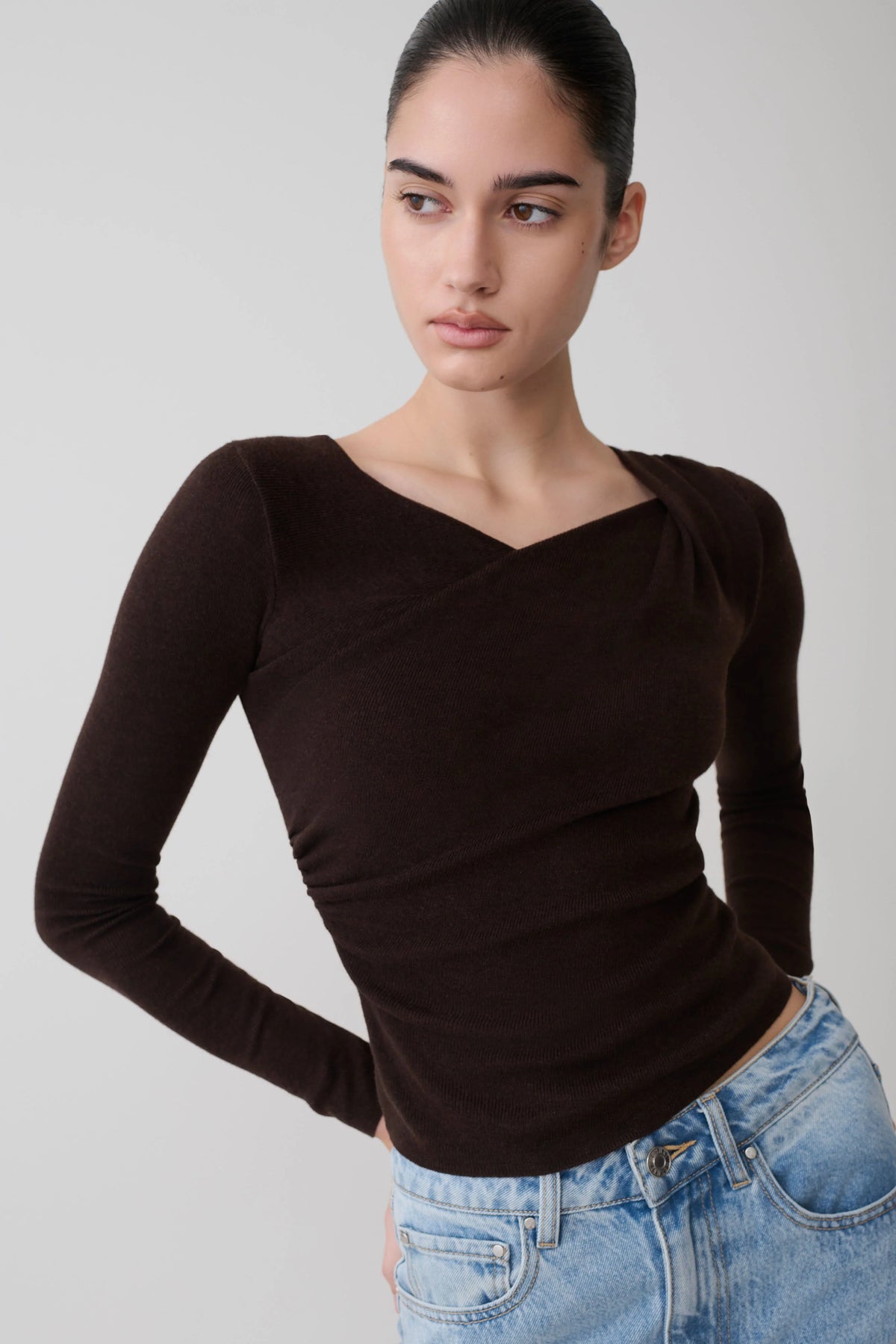 Culver Draped Twist Knit Top Chocolate