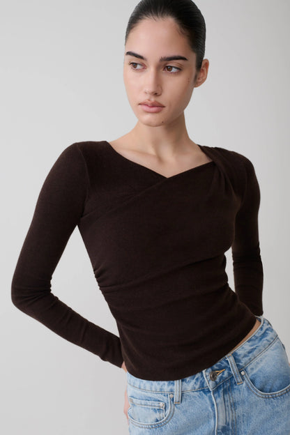 Culver Draped Twist Knit Top Chocolate