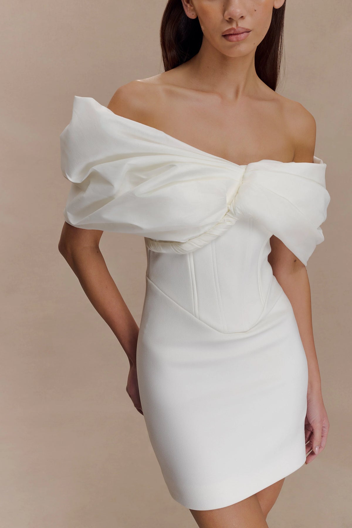 Aphrodite Off Shoulder Crepe Mini Dress Ivory