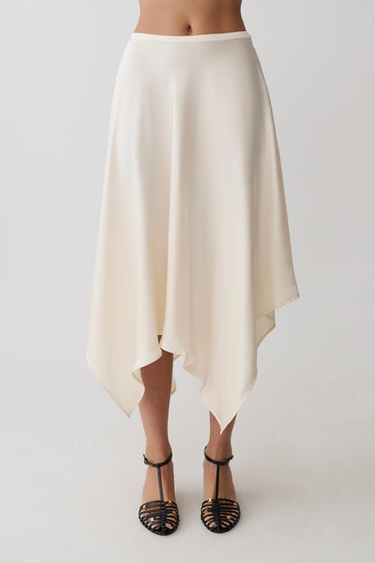 Coralie Asymmetric Satin Midi Skirt Ivory