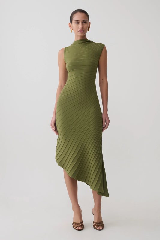 Milasandra Pleated Knit Dress Olive