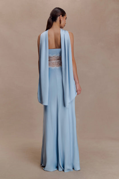 Pilar Strapless Satin And Lace Maxi Dress Cornflower Blue