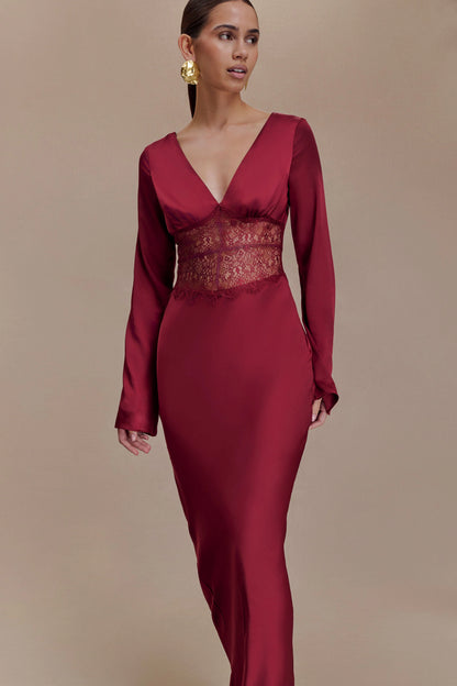 Kaya Long Sleeve Satin And Mesh Maxi Dress Wine