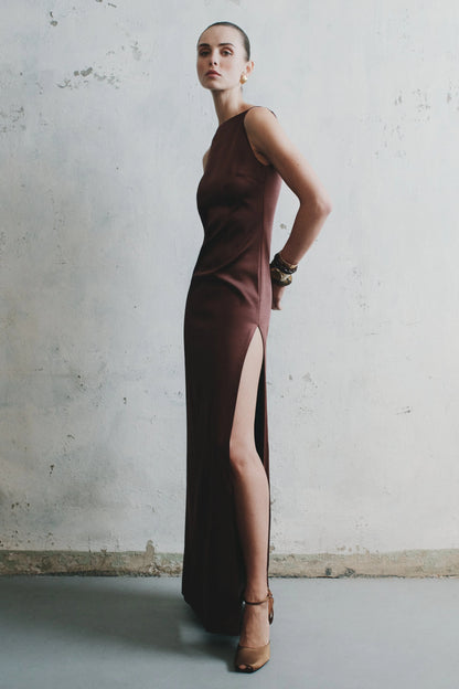Violet Sleeveless Satin Maxi Dress Dark Chocolate