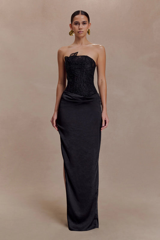 Asha Floral Mesh And Satin Maxi Dress Black