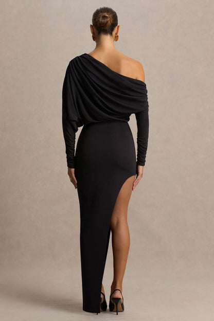 Olivia Black Asymmetric Neck Maxi Dress With Ruched Detailing And Asymmetric Hem