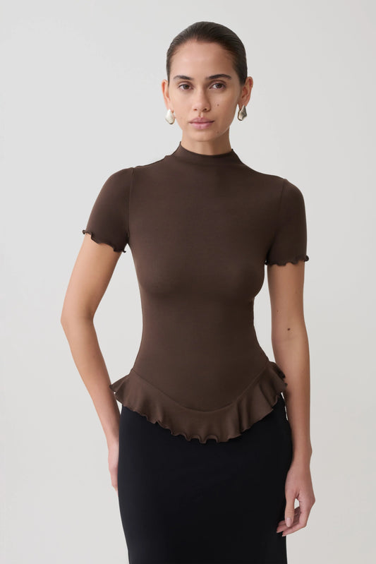 Nira Short Sleeve Ruffle Top Dark Chocolate
