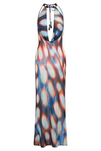 Ethel Mesh Cowl Plunge Maxi Blue Abstract Print