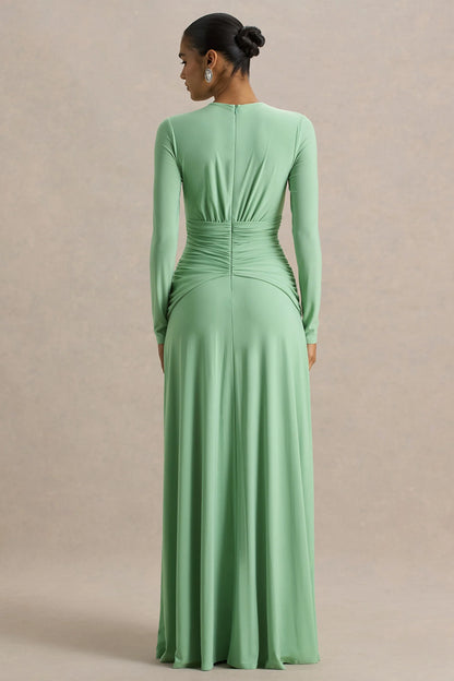 With Me Green High Neck Maxi Dress With Ruched Detailing