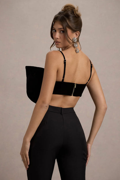 Adya Black Velvet Strappy Bow Crop Top