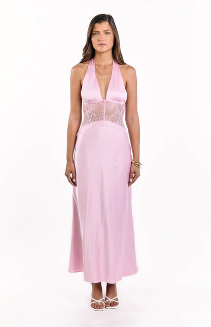 Divandi Pink Lace Halter Neck Formal Maxi Dress