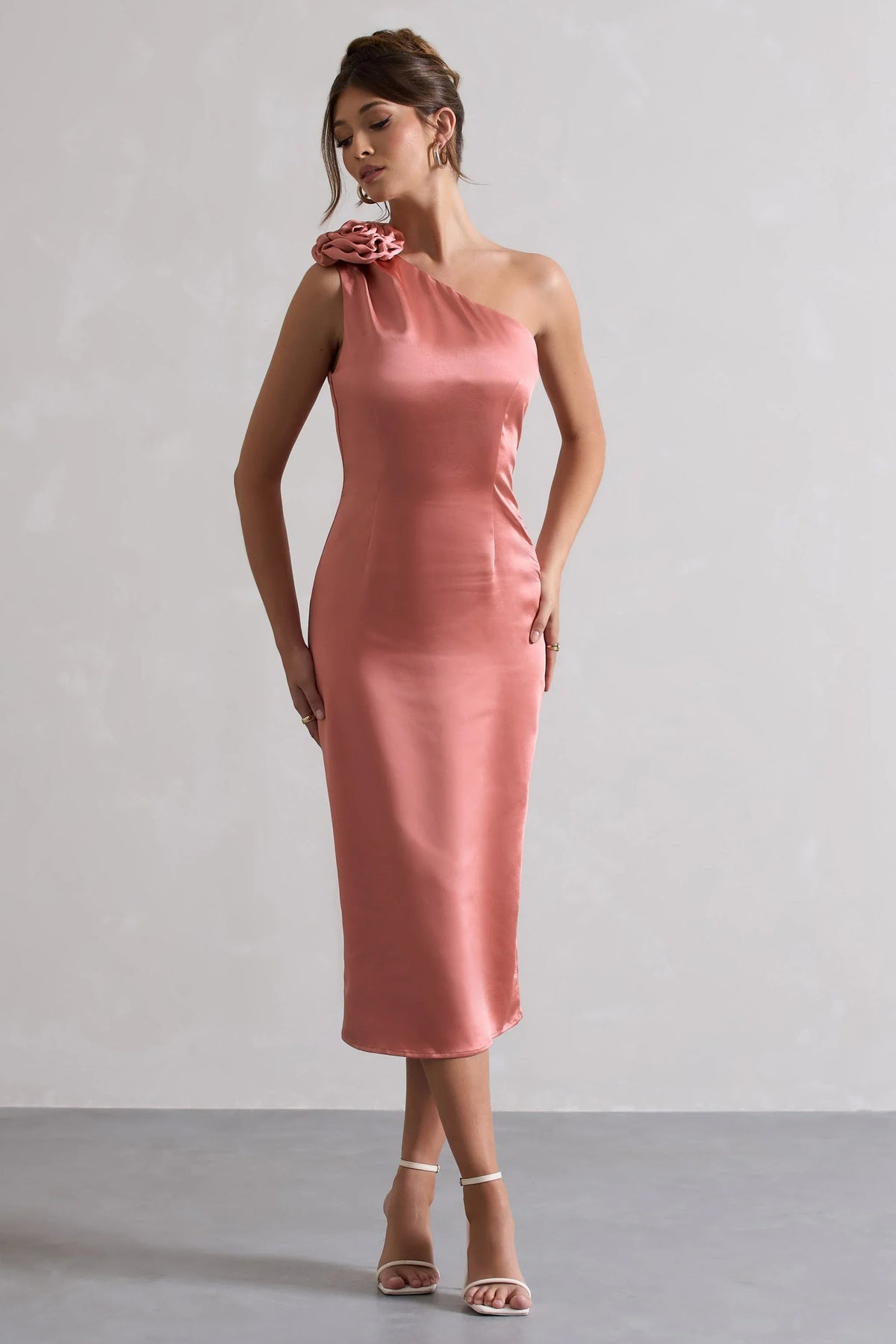Ascot Coral Satin One Shoulder Midi Dress With Corsage