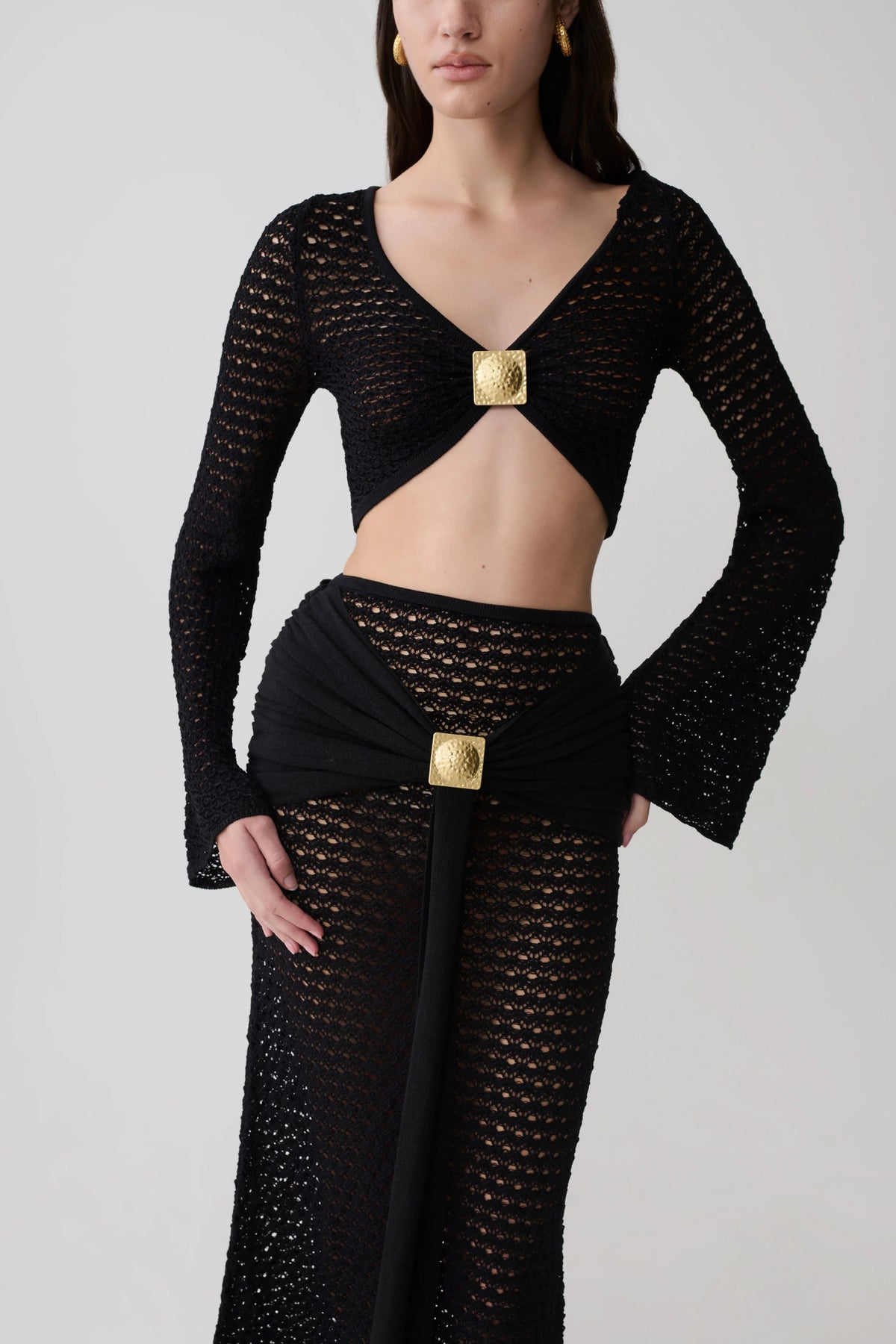 Mania Crochet Long Sleeve Cropped Top Black