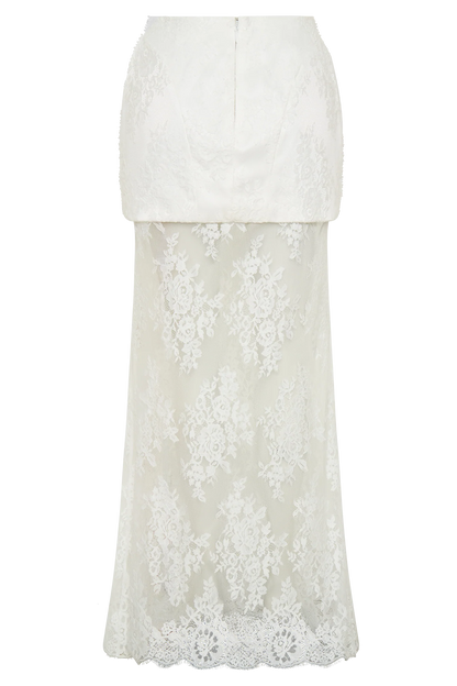 Camille Beaded Satin And Lace Maxi Skirt Ivory