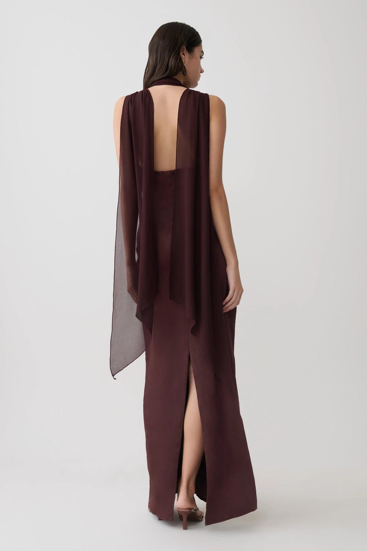Myla Draped Shoulders Satin Maxi Dress Chocolate