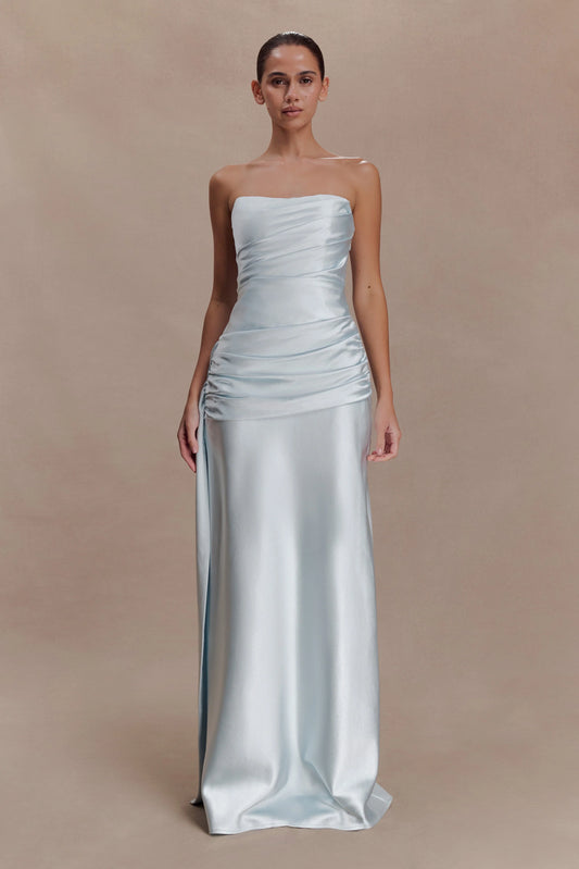 Sarah Strapless Maxi Dress With Waist Tie Ice Blue