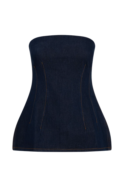 Madelyn Strapless Longline Denim Top Indigo Blue