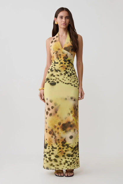 Valentina Chiffon Halter Maxi Dress Yellow Floral Leopard Print