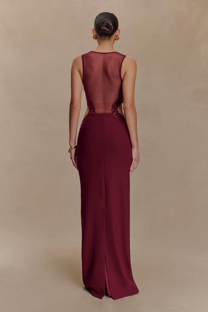 Angelique Beaded Crepe Maxi Dress Wine