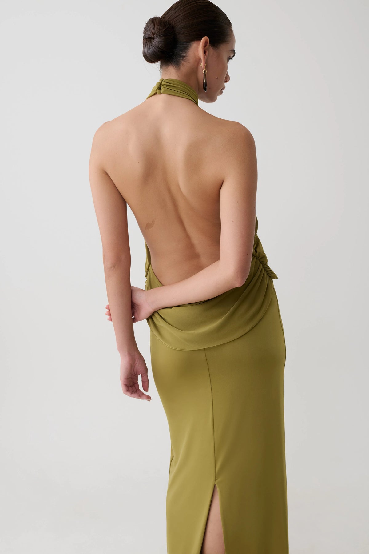 Joan Halter Neck Slinky Maxi Dress Martini Olive