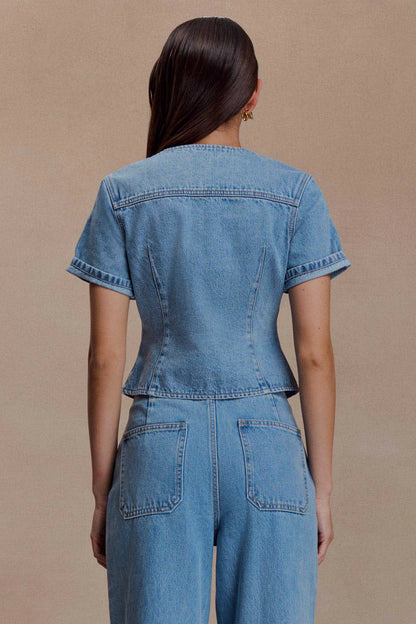 Marge Fitted Denim Short Sleeve Top Classic Blue