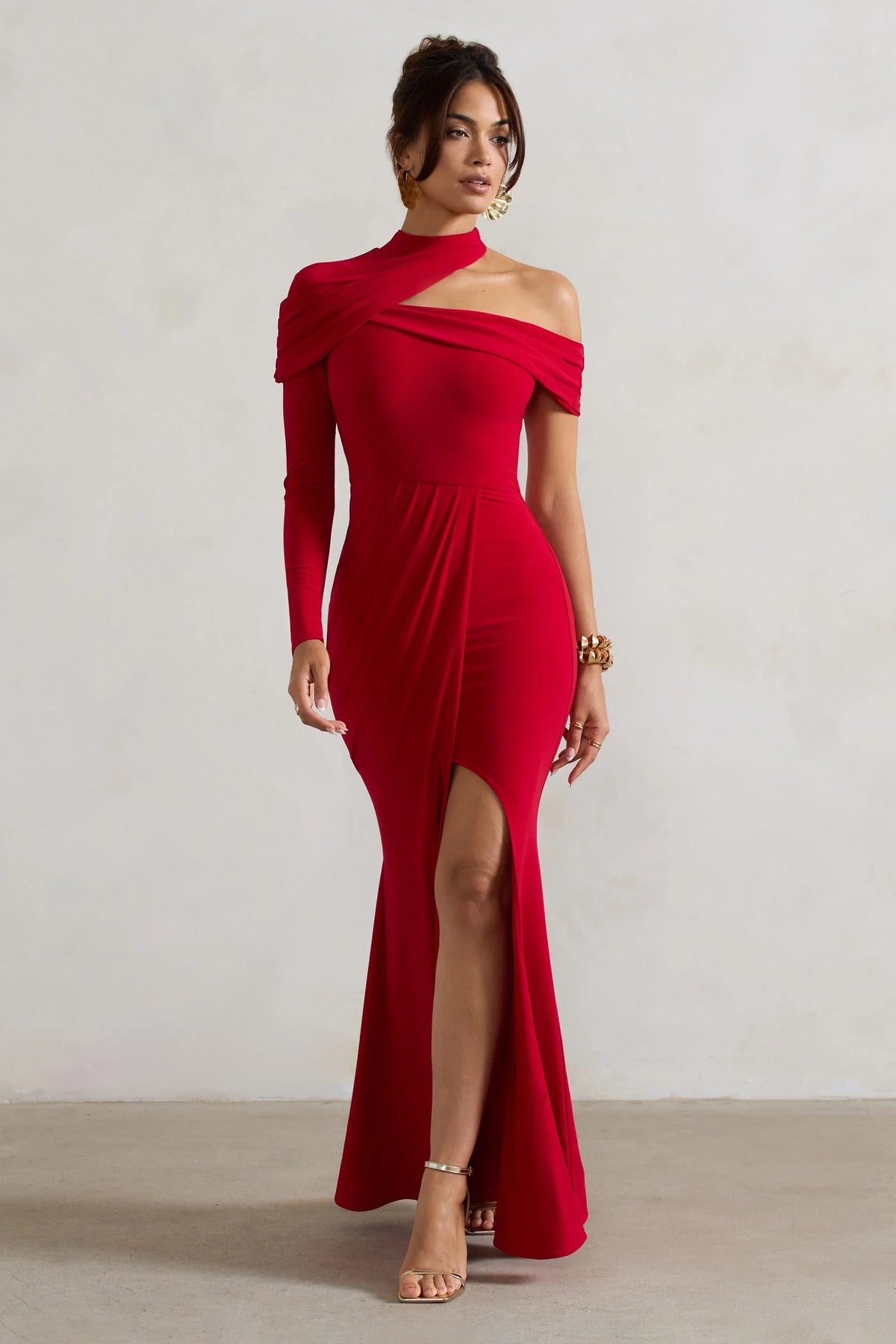 Tyla Red Asymmetric High Neck Split Maxi Dress