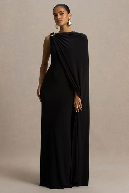 Cressida Black Asymmetric Neck Maxi Dress With Cape And Gold Detail