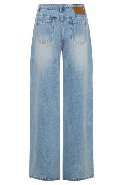 Perrie Mid Rise Straight Leg Tie Jeans Washed Light Blue