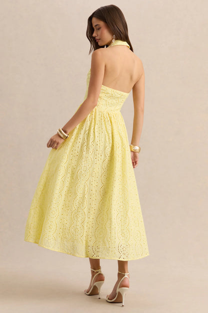 Jezebel Yellow Lace Plunge Neck Collared Midi Dress