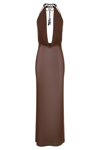 Ethal Mesh Cowl Neck Beaded Maxi Dress Chocolate