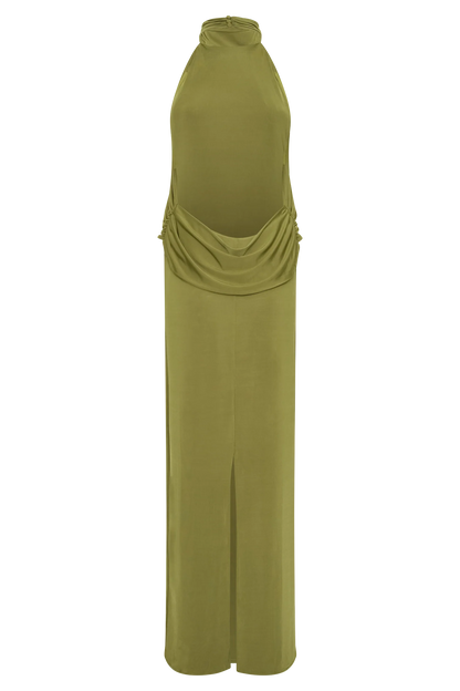 Joan Halter Neck Slinky Maxi Dress Martini Olive