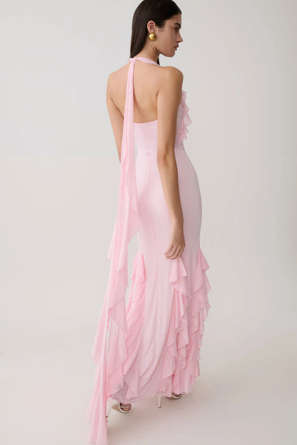 Etta Ruffle Slinky Maxi Dress Pale Pink