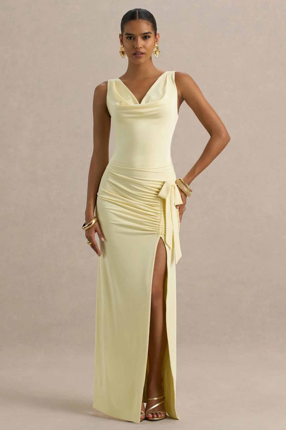 Pure Affection Pale Lemon Cowl Neck Maxi Dress With Ruched Detailing And Front High Split
