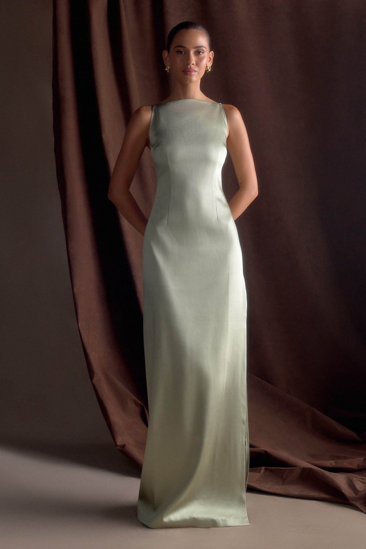 Violet Sleeveless Satin Maxi Dress Sage