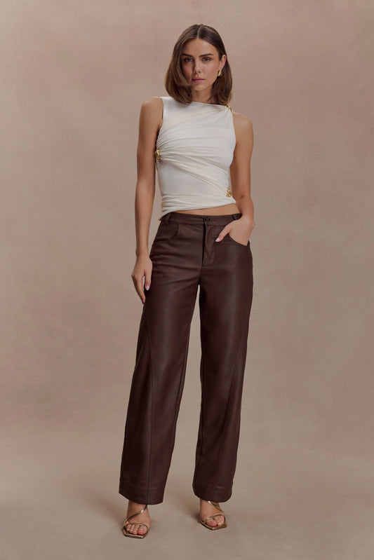 Theo Faux Leather Mid Rise Pants Dark Chocolate
