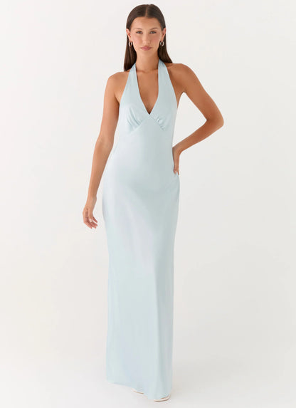 Heavy Hearted Satin Maxi Dress Ice Blue