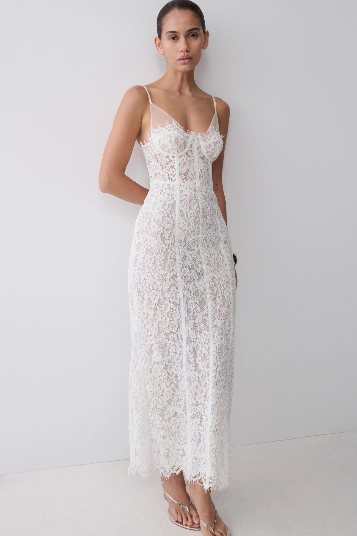 Ottilie Lace And Mesh Midi Dress White