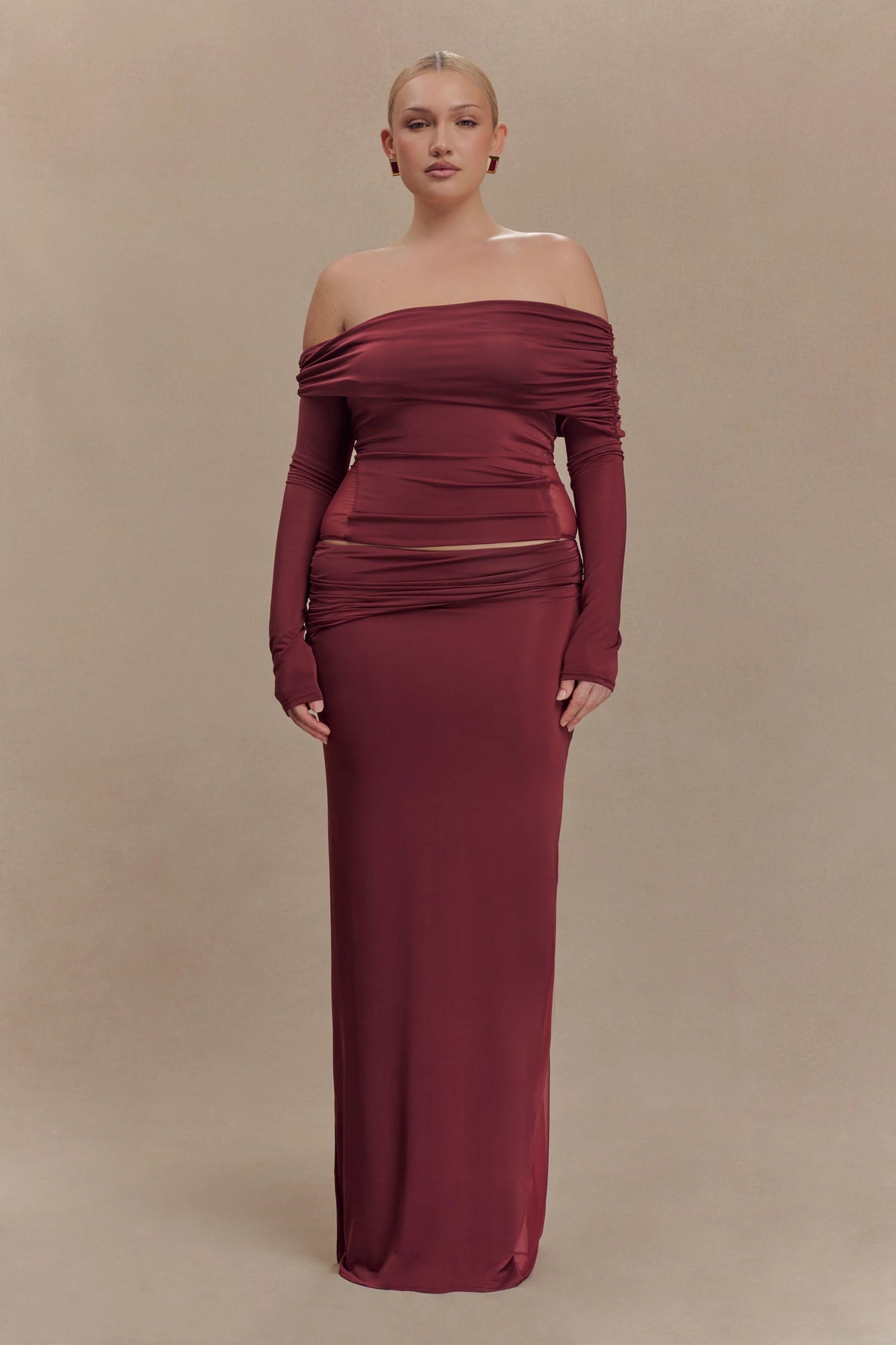 Judy Slinky And Mesh Off Shoulder Top Wine