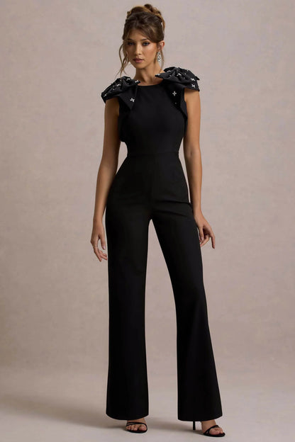 Elma Black Straight Leg Jumpsuit With Embellished Bows