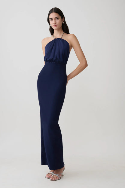 Elina Satin Necklace Maxi Dress Navy