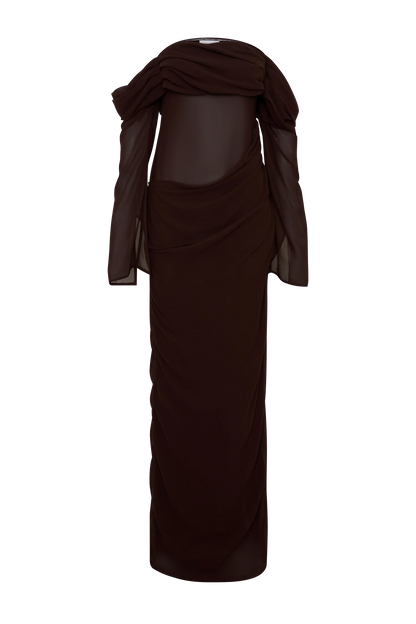 Kirsten Off Shoulder Chiffon Maxi Dress Cacao Brown