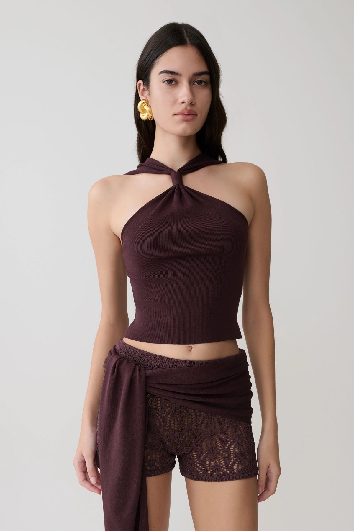 Angelika Twist Front Knit Top Chocolate