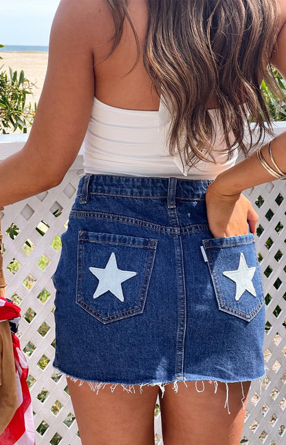 Siletto Star Blue Denim Low Rise Mini Skirt