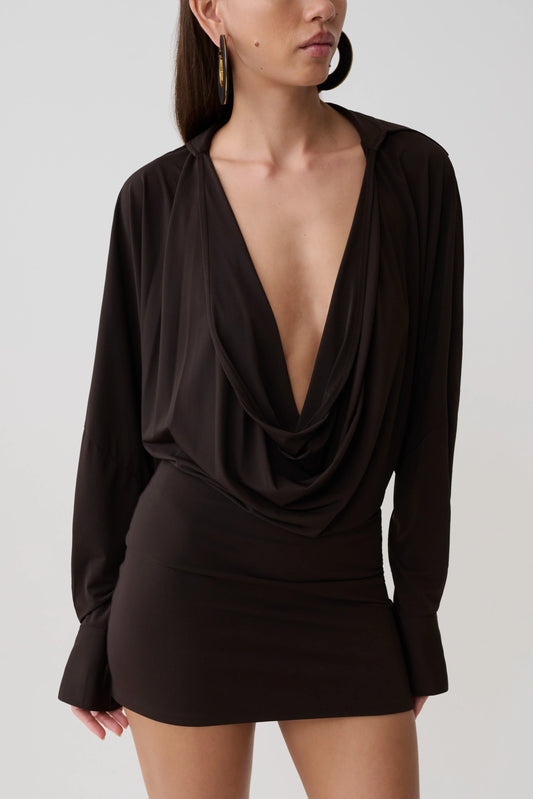 Soleia Cowl Drape Shirt Dress Bitter Chocolate