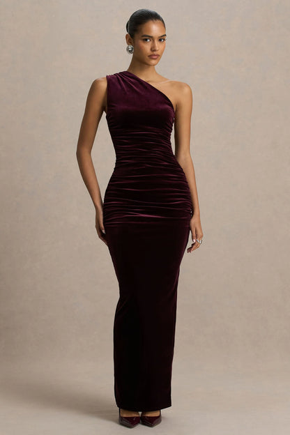 Treat Burgundy Velvet Asymmetric Neck Maxi Dress With Ruched Detailing