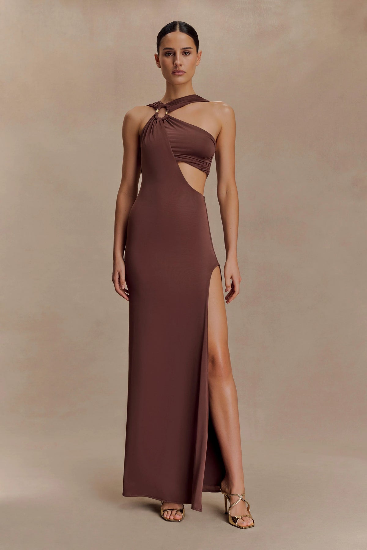 Lottie Slinky Maxi Dress With Split Chocolate